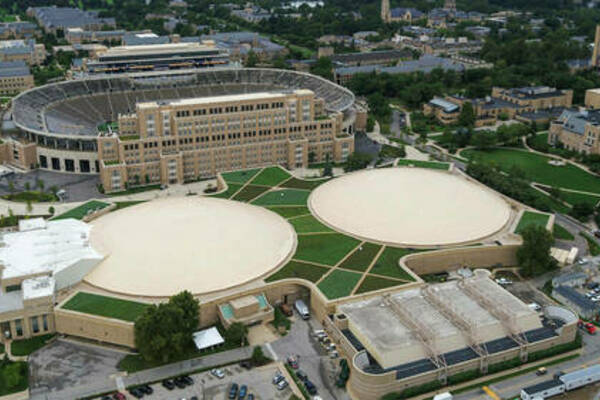Aerial view of the joyce center  green roof and the stadium
