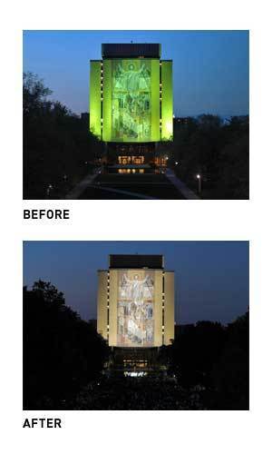 Hesburgh Library before and after installation of LED lights