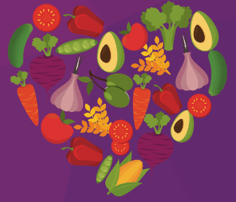Cartoon vegetables make the shape of a heart against a purple background