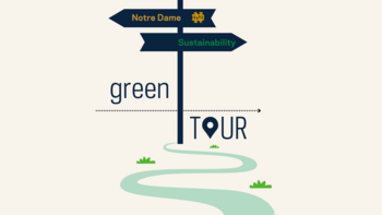 graphic of road sign that says notre dame sustainability with the words "green tour" written below the sign