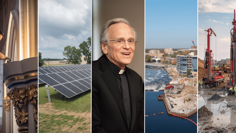 five images side by side; one of a person changing lights in the basilica, a solar array in a field, john jenkins headshot, the hydroelectric dam in south bend, and geothermal well digging tools.