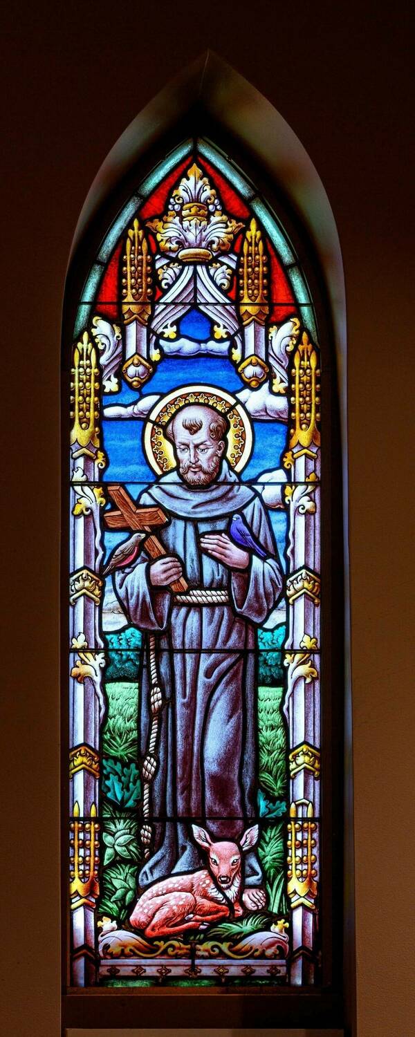 Stained glass image of St. Francis patron Saint of ecology